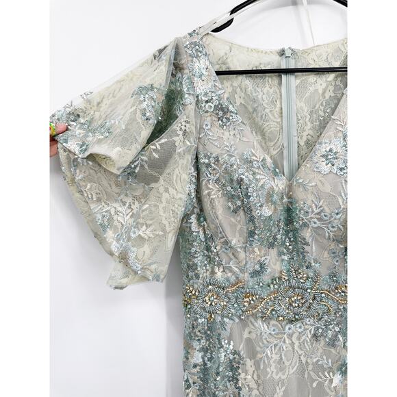 Mac Duggal 67842 Bell Sleeve Floral Seafoam Embellished Gown Dress 8 NWT - Picture 9 of 11